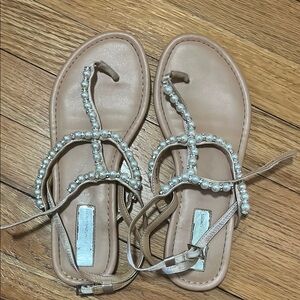 Elegant Tan Pearl-Embellished Sandals